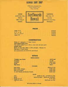 Price List from the 1960's Surfboards Hawaii Shop